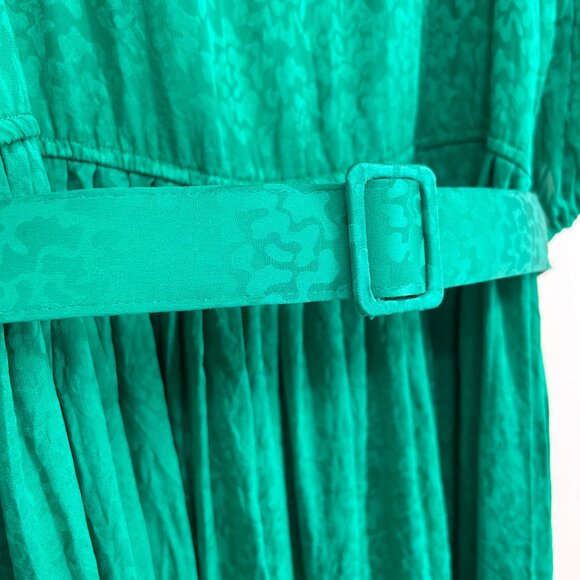 Vtg Garfinckels Green Silk Dress 80s Womens 6 Jacquard Print Puff Sleeve Pleated - Picture 4 of 12